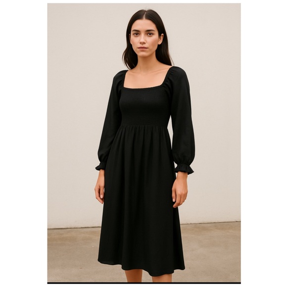 La Ligne Dresses & Skirts - Black Smocked Midi Dress XL Long Sleeve Square Neck Casual Dress